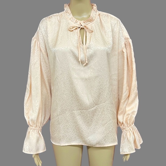 Leopard Spot Ruffled Tie Neck Balloon/Bell Sleeve Blouse Oversized Medium - Picture 1 of 6